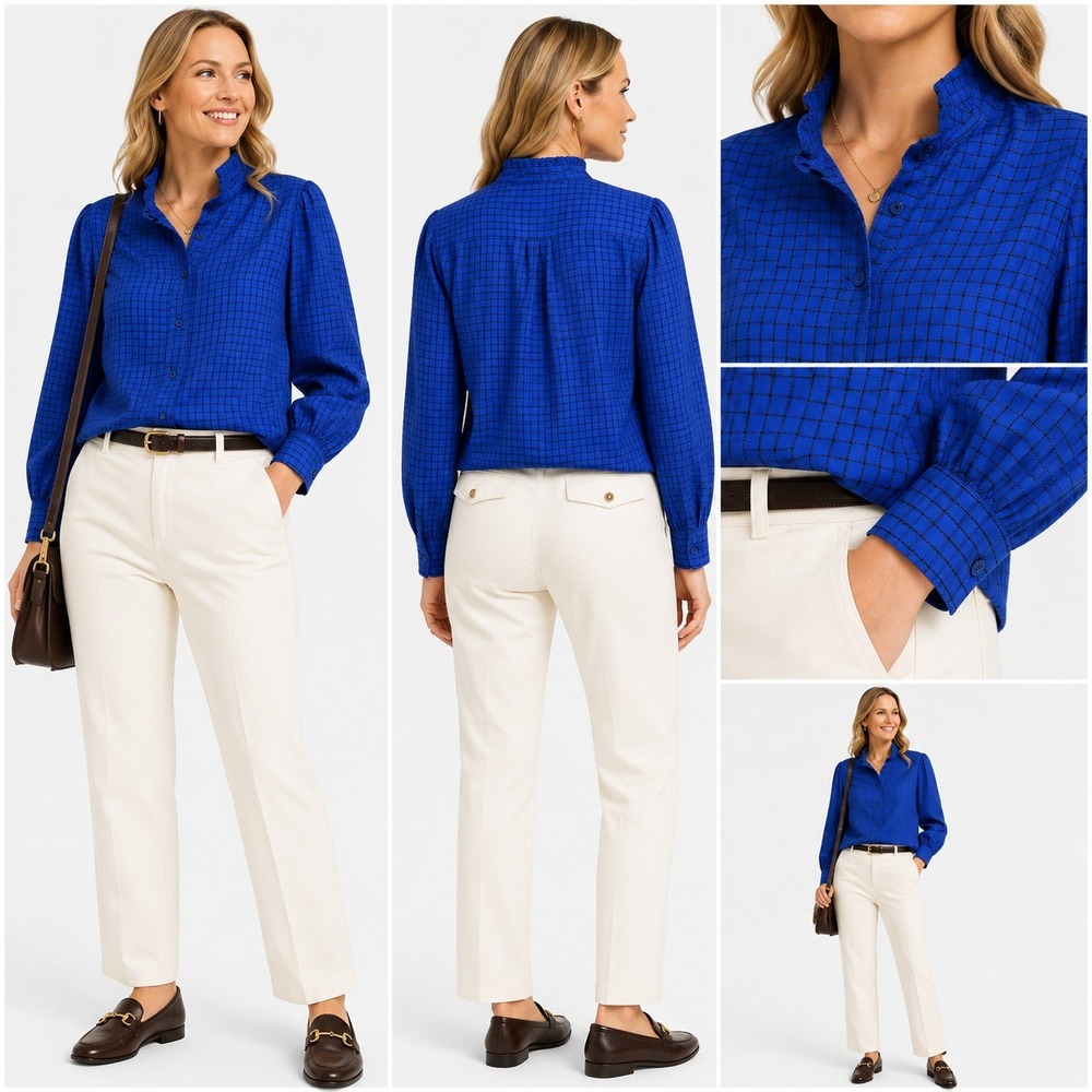 Vintage Guy Laroche Blouse Women 8 Blue Grid Old Money Quiet Luxury‎ Paris Chic